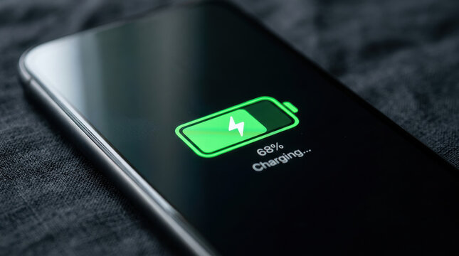 Phone battery charge screen green power energy device smart phone on dark fabric showing green battery charge symbol and power status
