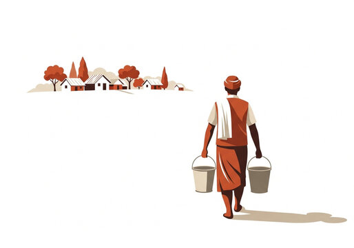 Man walking with water buckets toward a remote village