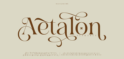 Aetalon Luxury serif font in modern style. Elegant wedding alphabet letters font and number. Typography Luxury classic lettering serif fonts decorative vintage retro logo concept. vector illustration © Leo_mini