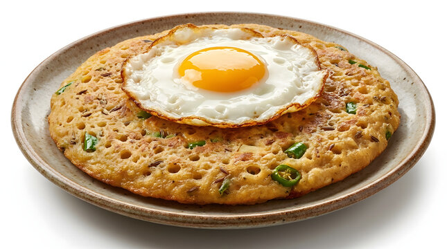 Savory Nepalese Bara traditional lentil pancake topped with a fried egg, isolated on a pure white background