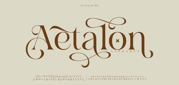 Aetalon Luxury serif font in modern style. Elegant wedding alphabet letters font and number. Typography Luxury classic lettering serif fonts decorative vintage retro logo concept. vector illustration