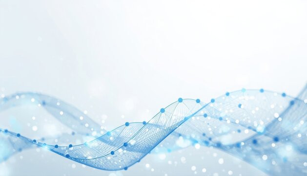 Abstract scientific DNA spiral structure representation with blue glowing data particles on clean background genetics molecule abstract technology particles structure research background