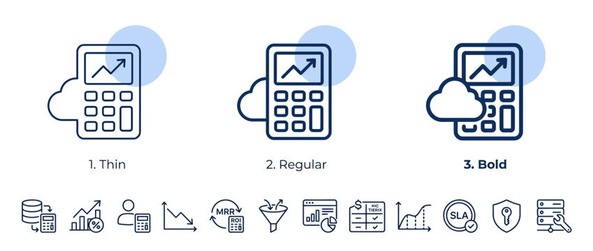 Set of thin regular and bold cloud calculator icons with additional business and technology line art symbols.