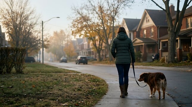 Woman walking a dog on a sidewalk in a quiet autumn neighborhood