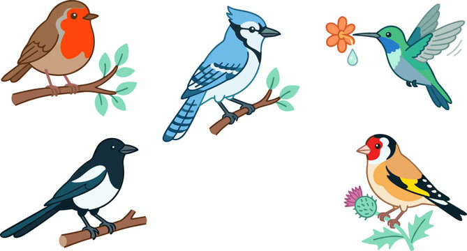 Cute Cartoon Bird Vector Illustration Set with European Robin Blue Jay Hummingbird Magpie and Goldfinch for Wildlife Education School Posters and Children Stationary Designs