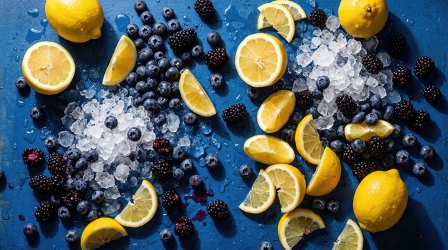 Overhead arrangement of lemon slices, blueberries, blackberries and crushed ice on blue surface for refreshing citrus and berry food styling