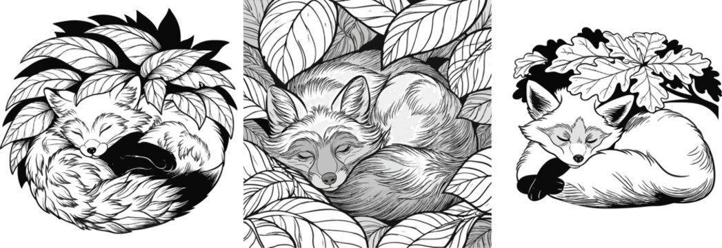 A serene red fox curls up in a tight ball under a canopy of dry forest leaves, depicted in bold black line art with high contrast and isolated on a solid white background
