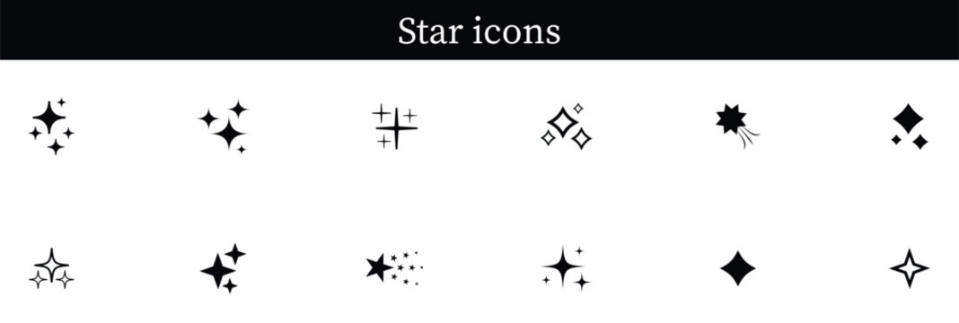 Star icon collection. Stars sparkles vector. Different star shapes. Shine star sparkle vector set. Black stars icon set. 