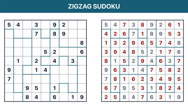 Zigzag sudoku puzzle with irregular jigsaw bold borders in flat style, teal and white, logical numbers game for adults