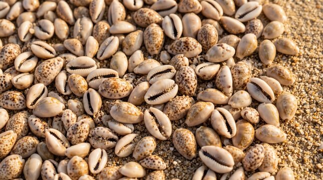 Pile of small spotted cowrie shells scattered on sandy beach close up detail, natural texture and pattern, coastal shell collection