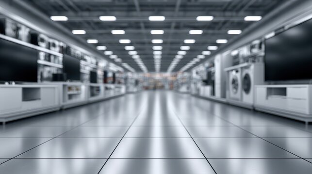 Blurred electronics retail store aisle