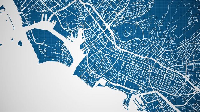 Ink reveal animation of Honolulu city, Hawaii (HI), United States of America, grid map. Aerial top view. Blueprint style. White lines with blue background. 4K Seamless loop.