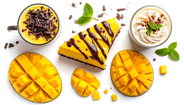 Assorted Mango Desserts and Fresh Slices on White Background.