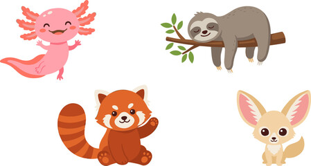 Fototapeta premium Cute Cartoon Exotic Animal Mascot Character Set featuring Axolotl Sleeping Sloth Red Panda and Fennec Fox for Nursery Decor Kids Apparel and Children Education Vector Designs