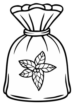 Illustration of gift bag with holly leaf design holiday present sack tied with string outline