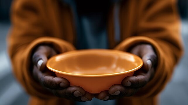 Person's dark skin hands holding an empty orange bowl forward, symbolizing hunger, poverty, and the need for charity, with the focus on the act of begging for food or assistance