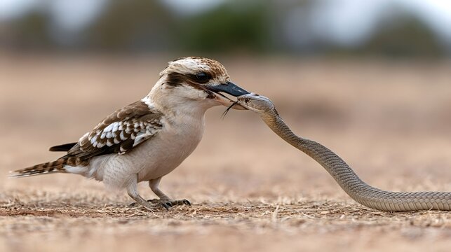 Kookaburra is catching a brown snake in its beak, showcasing the predator prey relationship and the unique australian wildlife in an outback environment during the day
