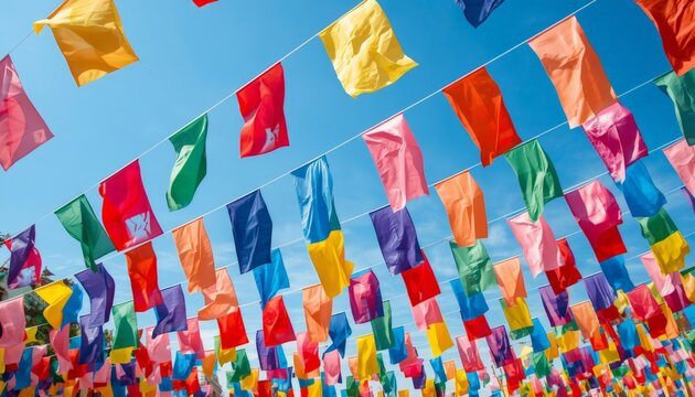 There are many colorful flags hanging from a string on a sunny day