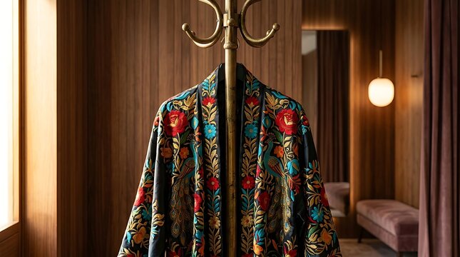 Ornate floral embroidered kimono hanging on a vintage coat rack