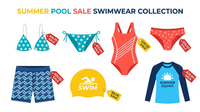 Summer pool sale vector graphics of colorful swimwear collection