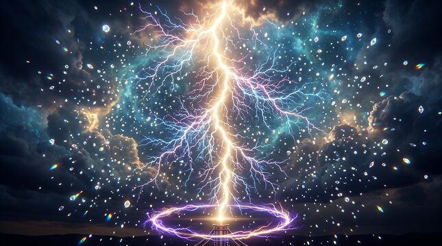 雷雲と星空から放たれる強力なゴールドの稲妻と飛び散るクリスタルの幻想的な風景