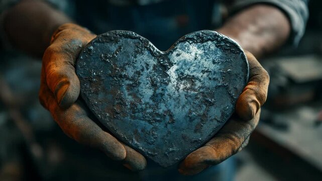 A weathered heart held by a gloved hand against an industrial backdrop. Symbolic of love enduring time and labor.
