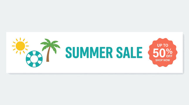 Summer sale banner with vector graphics of sun, palm tree, and pool float by the pool