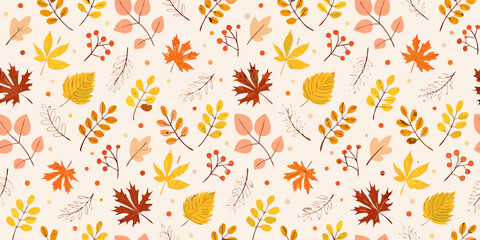 Autumn leaves seamless pattern with branches and berries vector illustration © Barsha