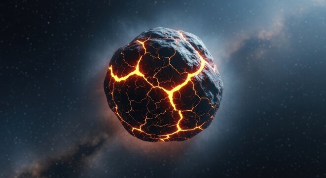 Fiery Cracked Planetoid Floating in Cosmic Nebula.