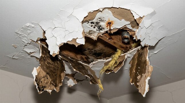 Severe Water Damage Causing Collapsed Ceiling Hole with Broken Plumber Pipe and Black Mold