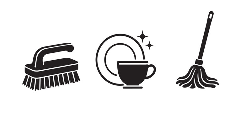 Set of black and white icons showing household cleaning tools.