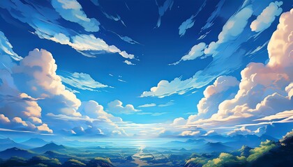 Fototapeta premium Dramatic Blue Sky With Clouds In Anime Style Perfect For Backgrounds