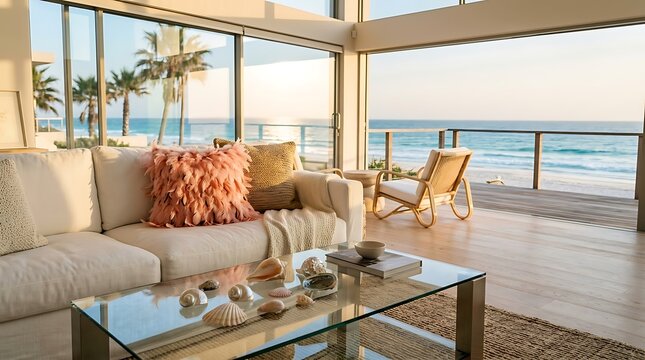Modern beachfront living room with panoramic ocean view