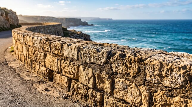Coastal stone parapet lining winding roadside with textured limestone blocks and distant cliffs meeting blue ocean under clear daylight, serene seaside scene