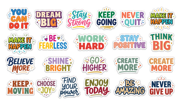 Motivational quotes collection and positive affirmations sticker set with motivation, typography