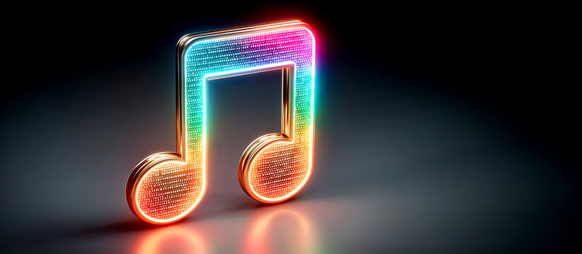 Futuristic 3D Double Music Note Made of Glowing Multi-Colored Digital Binary Code, Cyber Sound Concept Horizontal Banner with Copy Space