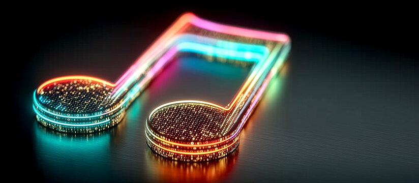 Futuristic 3D Isometric Musical Note Made of Glowing Digital Binary Data Code, Cyber Sound Concept Horizontal Banner with Copy Space