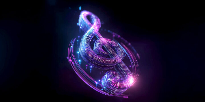Futuristic 3D Isometric Treble Clef Music Note with Glowing Neon Trails, Abstract Digital Audio and Sound Wave Concept Background