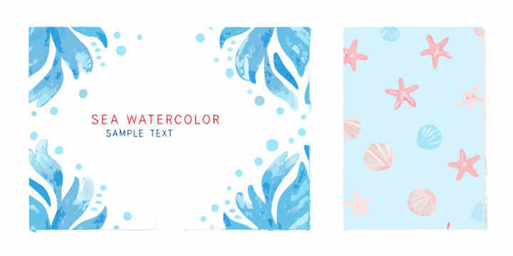 Seaweed and seashell watercolor pattern with a white background