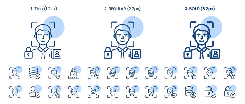 Collection of biometric face recognition and digital security line art icons.