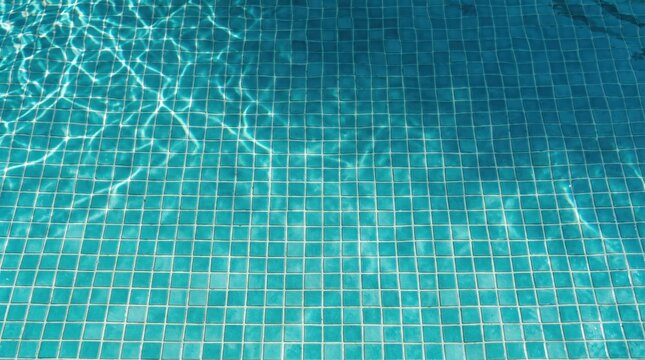 Closeup geometric pool tiles under clear water with sunlit ripples creating grid highlights and depth, blue turquoise mosaic pattern in calm swimming pool