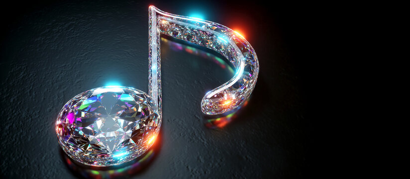 Luxury Diamond Musical Note with Sparkling Colorful Light Reflections on Black Textured Surface, High-End Music Concept Banner with Copy Space