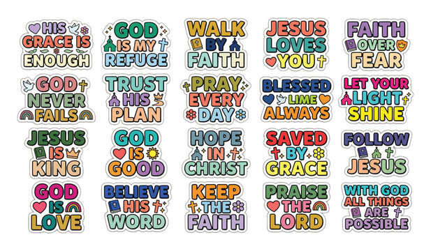 Christian inspirational religious quote stickers set with christian religion typography positive