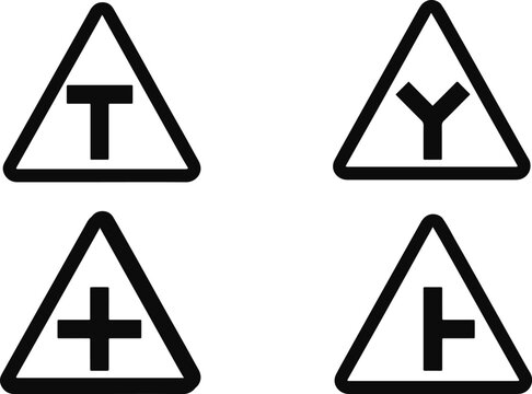 Set of four black and white vector road junction warning signs