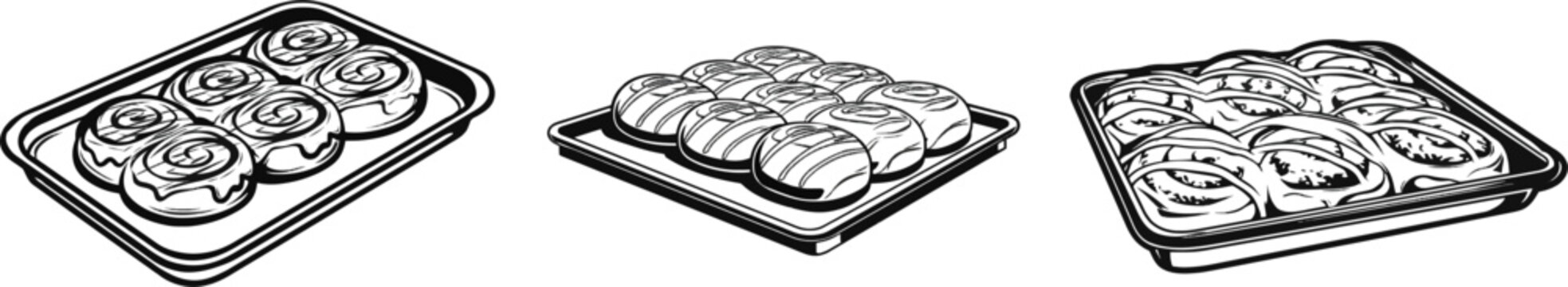 A set of freshly baked cinnamon rolls with visible glaze lines is arranged neatly in a metal baking sheet on a pure white background, rendered in high contrast minimalist black and white line art