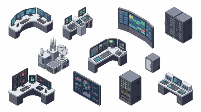 Isometric Technology Server Room Equipment Set.