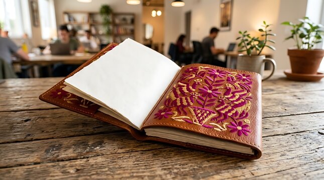 Open leather notebook with colorful embroidery on a rustic table