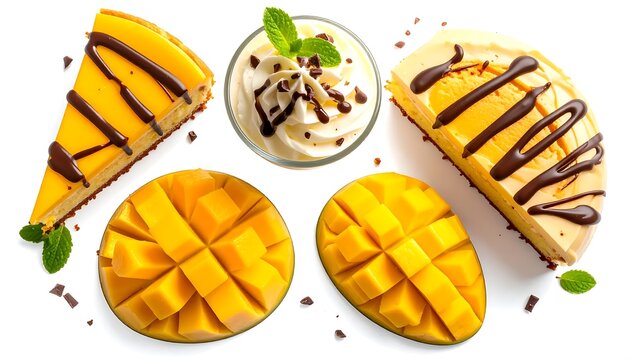 Assorted tropical desserts with mango and chocolate.