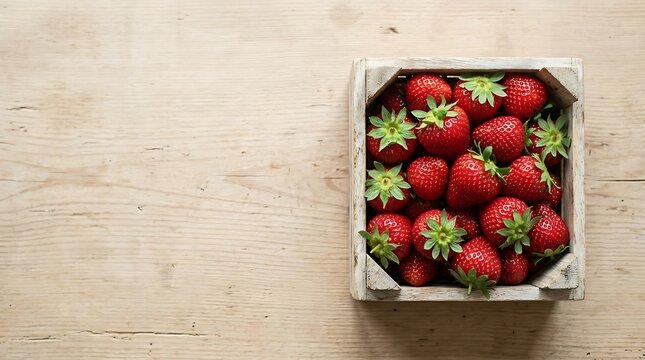 Top view of ripe red strawberries in a small rustic crate