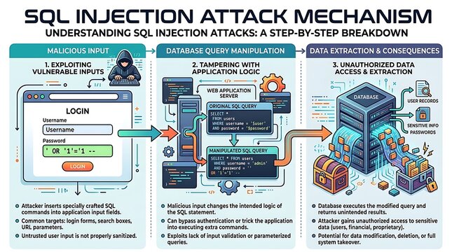 Sql injection attack mechanism infographic explaining cyber security